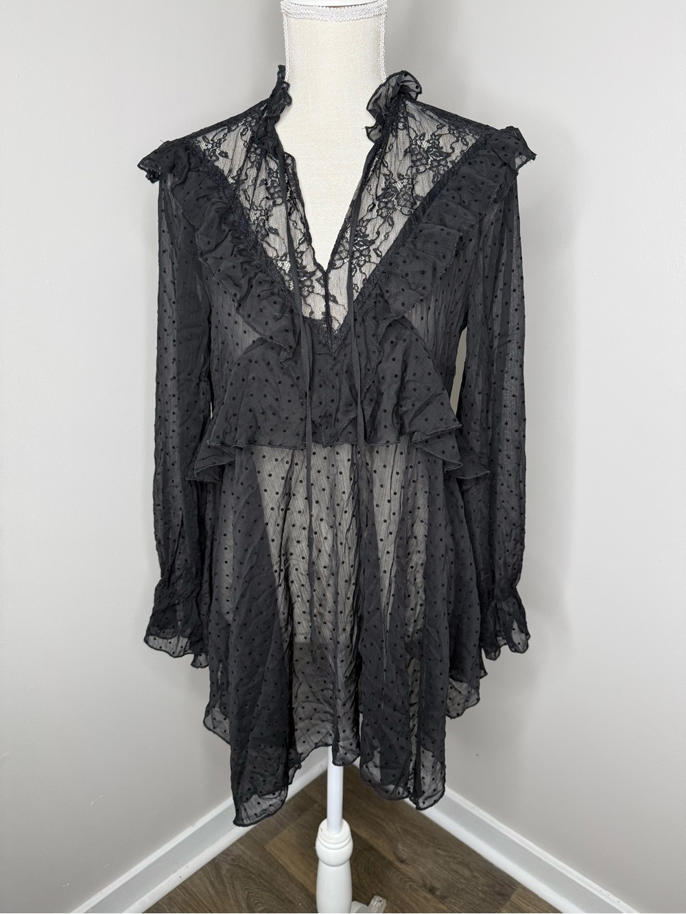 Zara Black Sheer Polka-Dot Ruffle Blouse